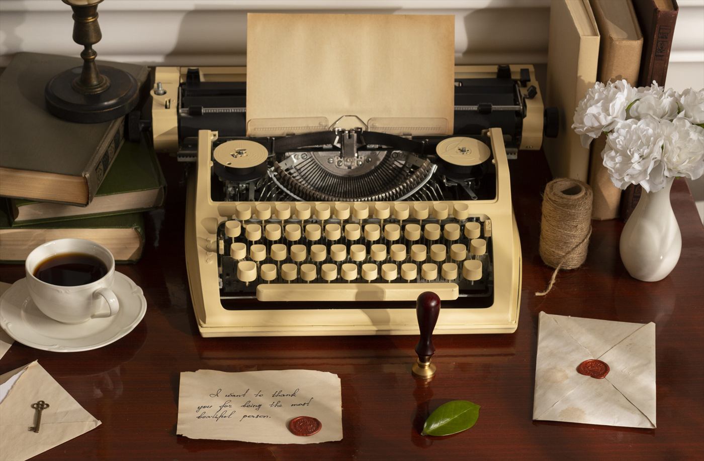 Máquina de escrever antiga sobre uma mesa com cartas e uma xícara de café