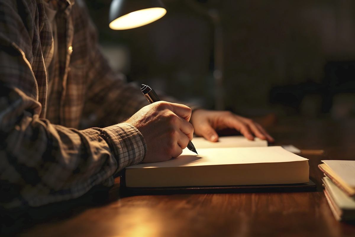 Mãos escrevendo num caderno sob a luz de um abajur