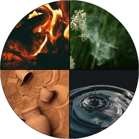 Os quatro temperamentos representados por fogo, ar, terra e água