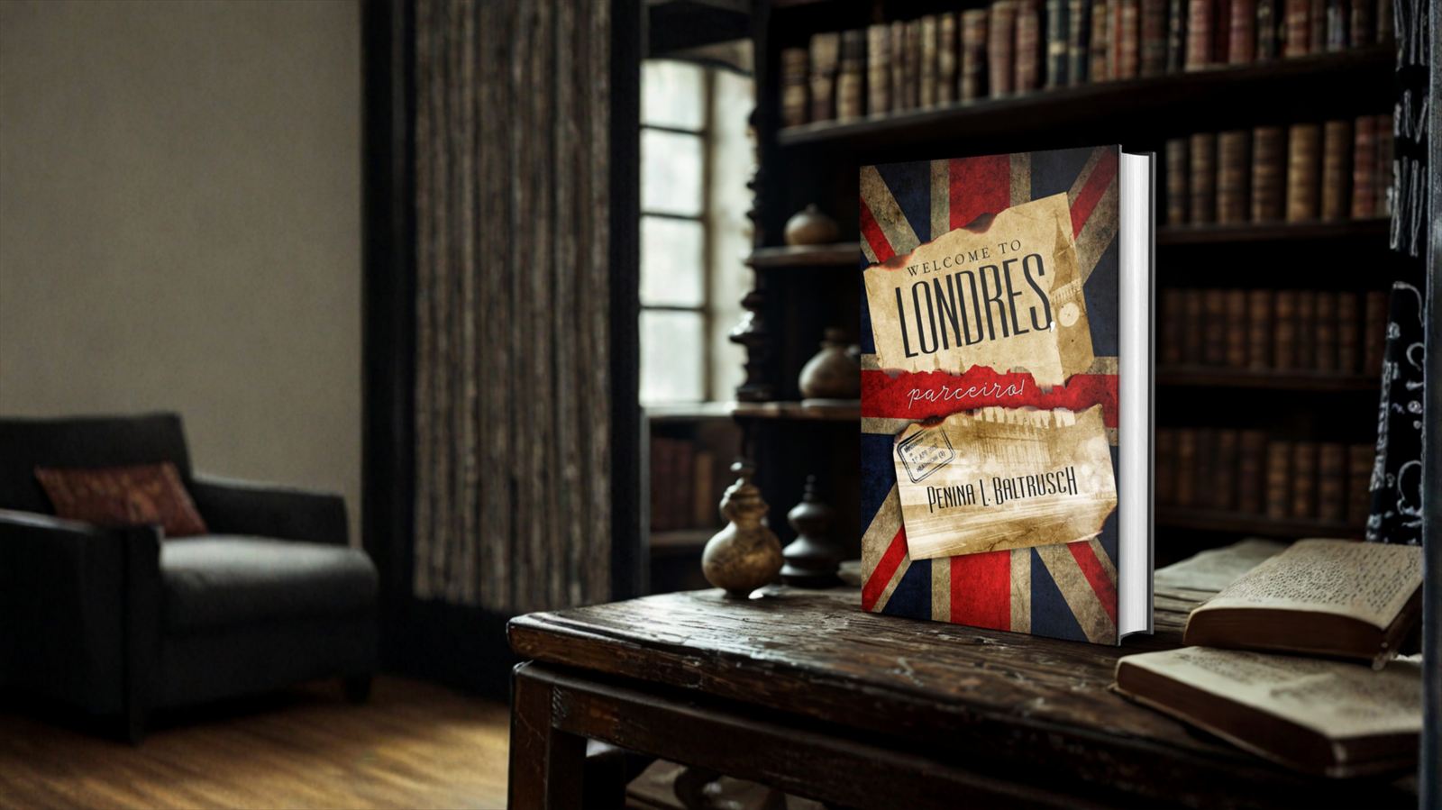 O livro Welcome to Londres, parceiro sobre uma mesa numa biblioteca antiga